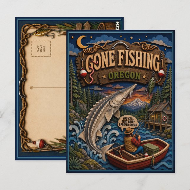 Postal Oregon Gone Fishing Esturión Blanco (Anverso / Reverso)