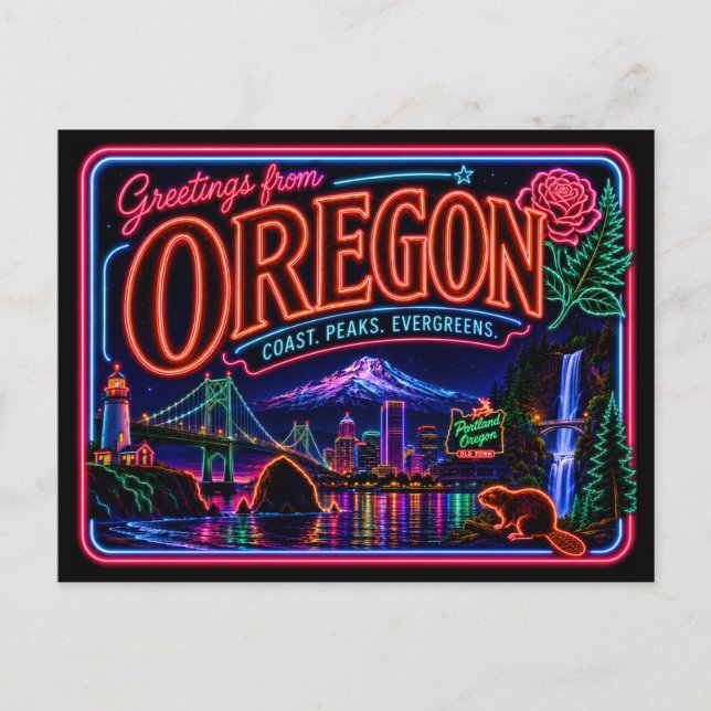 Postal Oregón Neon Estado Retro Vintage (Anverso)