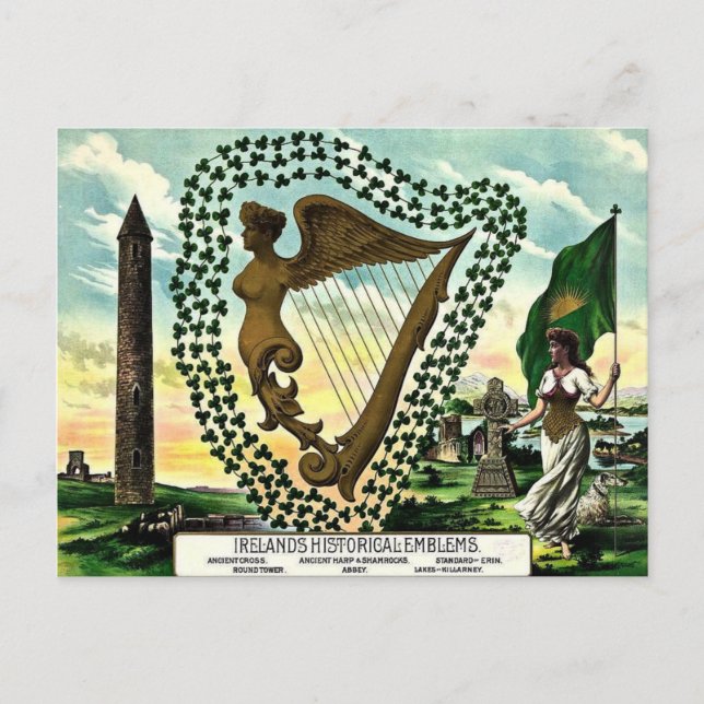 Postal Orgullo irlandés Emblems golden harp clovers (Anverso)