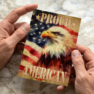 Postal Orgulloso Americano. Águila Calva y Bandera de los