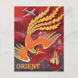 Postal Oriente, pájaro volando sobre templo