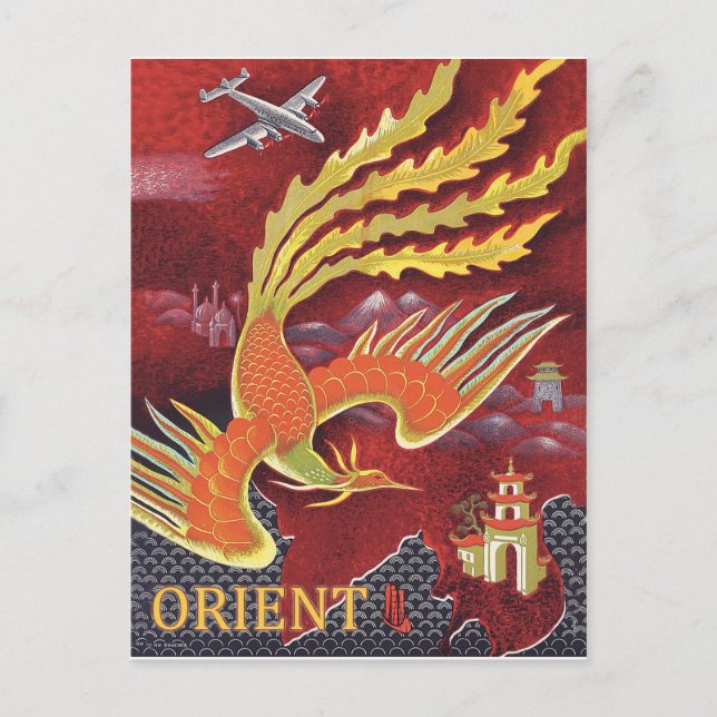 Postal Oriente, pájaro volando sobre templo (Anverso)