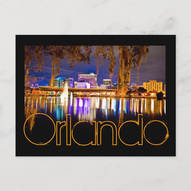 Postal Orlando, Florida de noche desde el lago Lucerna. (Anverso)