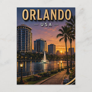 Postal Orlando Lago Eola y horizonte del centro de la ciu