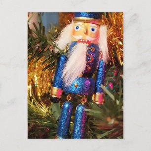 Postal Ornamento de navidad del soldado del Purpurina azu