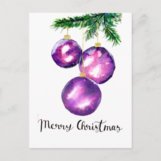 Postal Ornamentos de árbol de Navidad púrpura (Anverso)