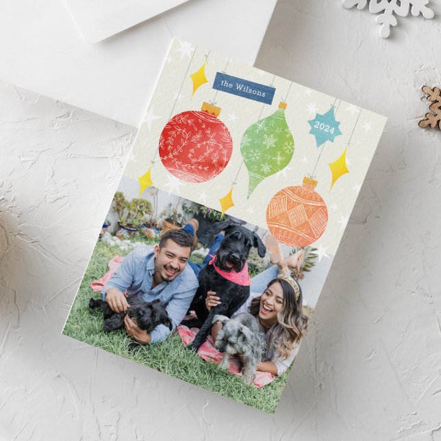 Postal Ornamentos de navidad acuarela Foto de festividad (colorful watercolor painted Christmas ornaments with hand-drawn details one-photo holiday card)