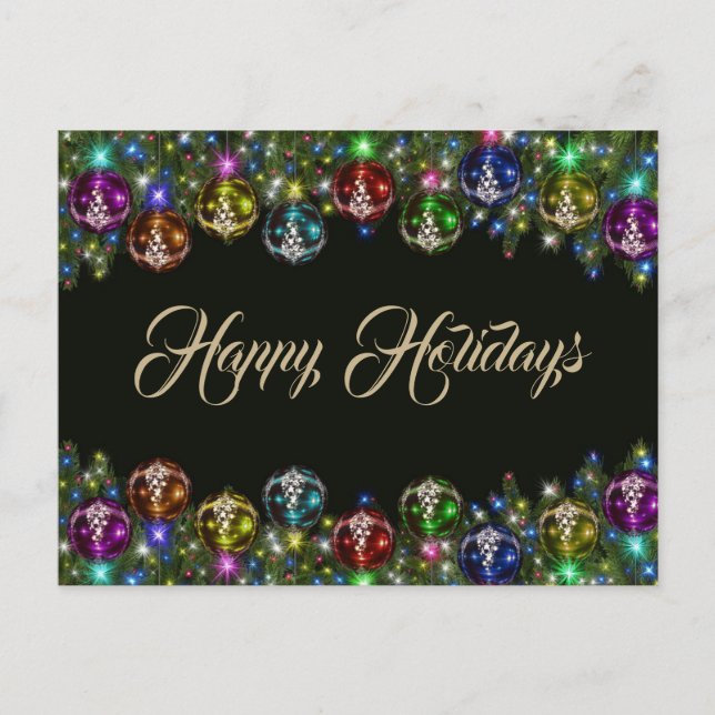Postal Ornamentos de Navidad coloridos Negro (Anverso)