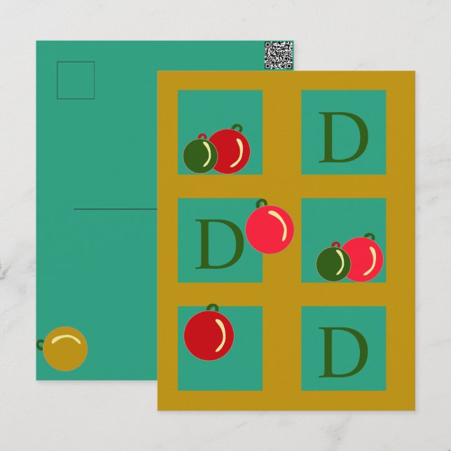 Postal Ornamentos de Navidad Monogramados Rojo, Verde, Or (Anverso / Reverso)