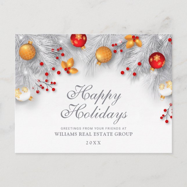 Postal Ornamentos de Navidad Plateados Saludo Corporativo (Anverso)
