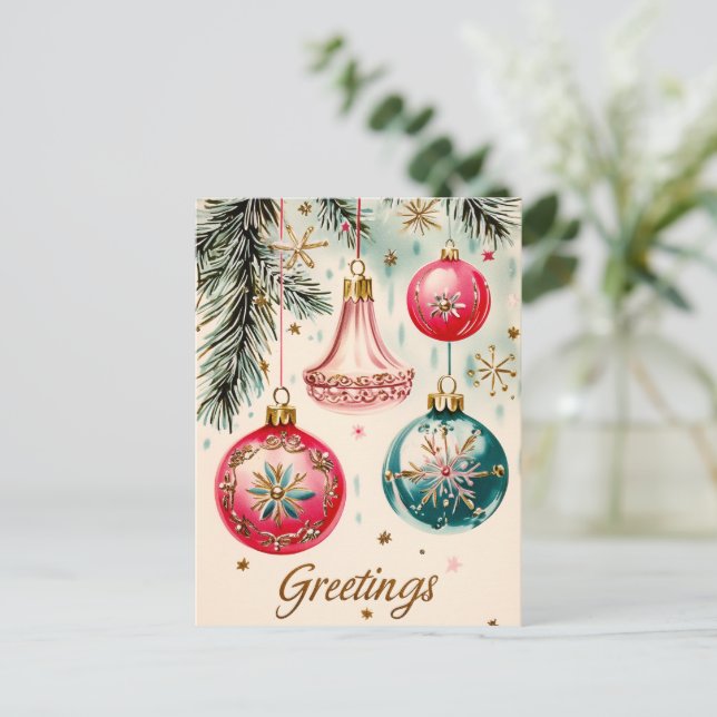 Postal Ornamentos de Navidad Vibrantes Vintage (Anverso de pie)