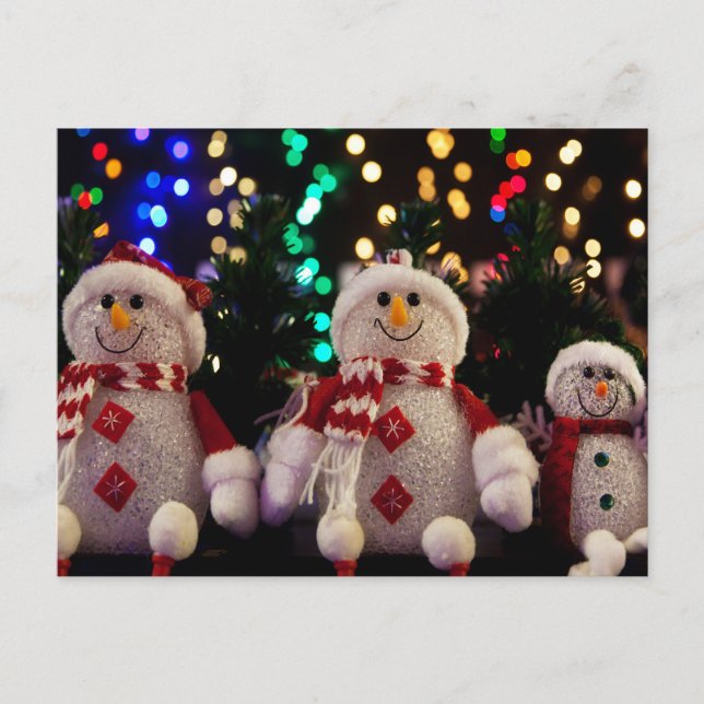 Postal Ornamentos de Snowman y familia en el árbol (Anverso)