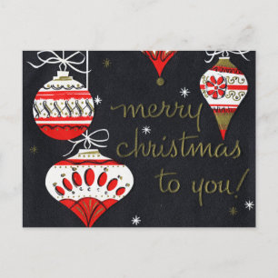 Postal Ornamentos retro rojo y blanco sobre negro