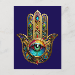 Postal Ornate Color Dorado Hamsa Verde sobre Rojo Tercer