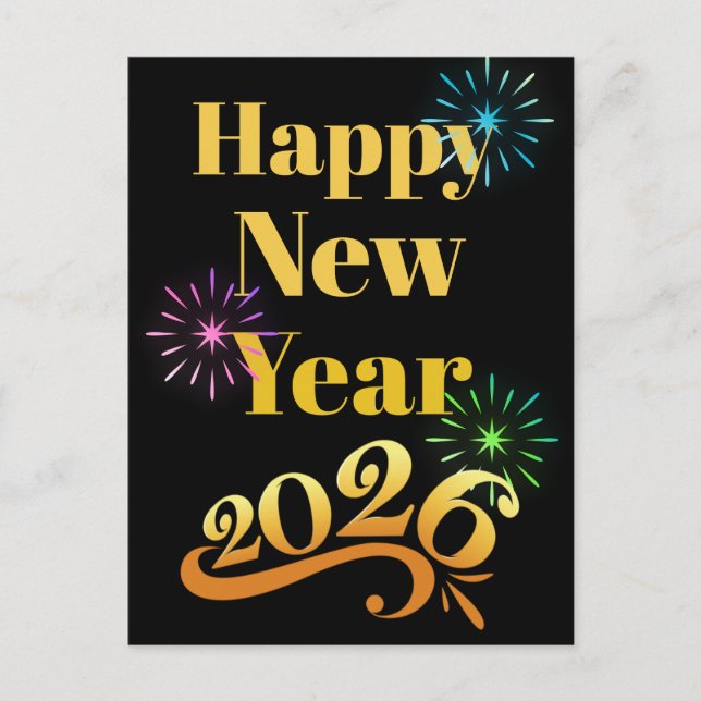 Postal Ornate Golden Happy Near Year 2026 Fireworks Black (Anverso)