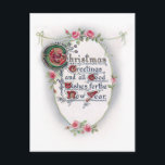 Postal Ornate Vintage Christmas Greet con Rosas<br><div class="desc">Elegante arte vintage de vacaciones restaurado con ornamentados saludos decorativos de Navidad en antiguo guión en inglés en un óvalo sutilmente dimensional enmarcado por rosas rosas rosas y cintas. En la parte posterior se muestran etiquetas ovaladas complementarias,  rosas y campos de texto modificables.</div>