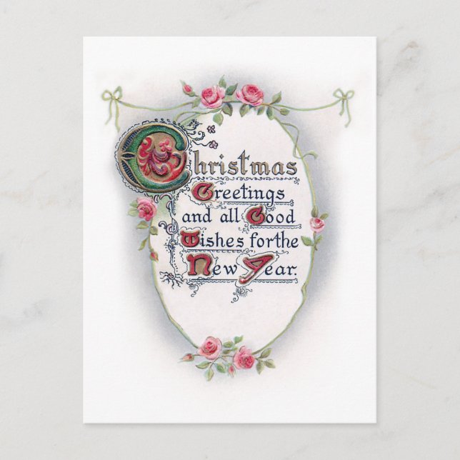 Postal Ornate Vintage Christmas Greet con Rosas (Anverso)