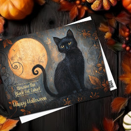 Postal Ornato de la luna llena de gato negro de Halloween