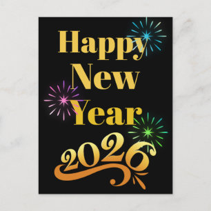 Postal Ornato Feliz Año Nuevo Dorado Cerca de 2026 Fuegos