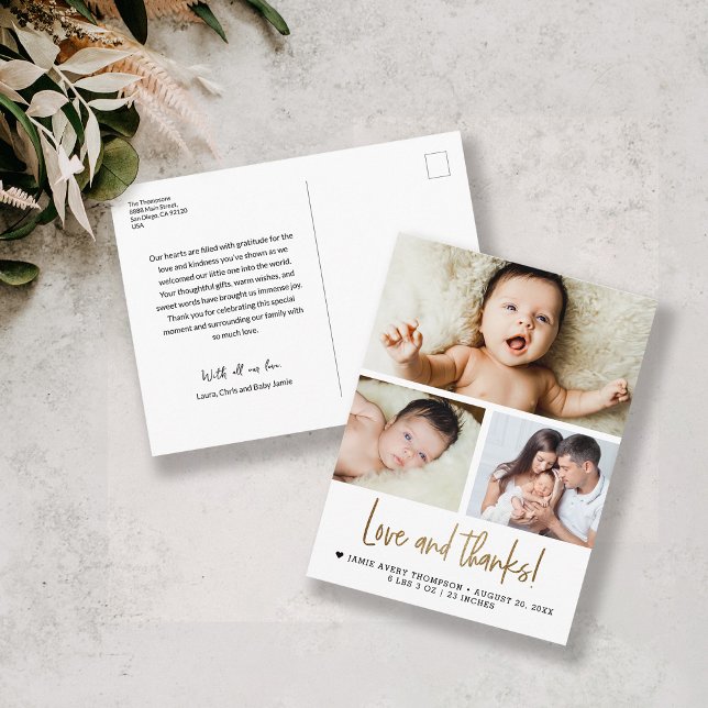 Postal Oro Amor y agradecimiento foto bebé anuncio de nac (Love and thanks gold script baby photo postcard thank you card.)