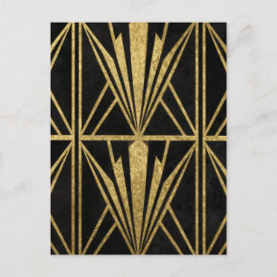 Postal Oro Art Deco Patrón de Abanico Geométrico Negro