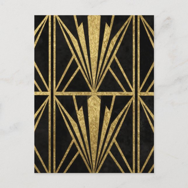Postal Oro Art Deco Patrón de Abanico Geométrico Negro (Anverso)