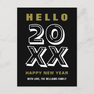 Postal Oro Blanco Negro Hola Feliz Año Nuevo Tipografía