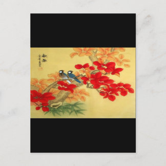 Postal Oro chino y floral roja