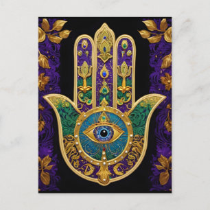 Postal Oro de Mardi Gras Verde Púrpura Hamsas Arte