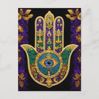 Postal Oro de Mardi Gras Verde Púrpura Hamsas Arte