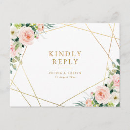 Postal oro geométrico y boda floral rubia RSVP