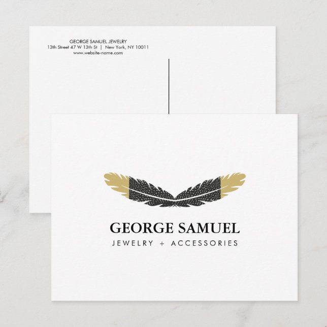 Postal Oro Moderno con Plumas Boho Diseñador Blanco (Anverso / Reverso)