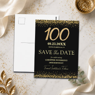 Postal Oro Negro Glitter Cumpleaños 100 Save the Date