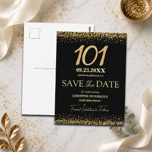 Postal Oro Negro Glitter Cumpleaños 101 Guardar la Fecha