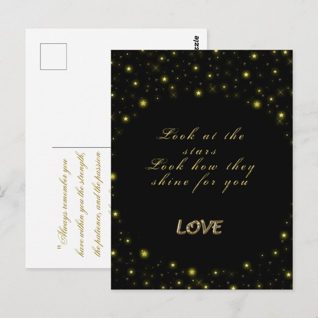 Postal Oro personalizado y estrellas brillantes en negro (Anverso / Reverso)