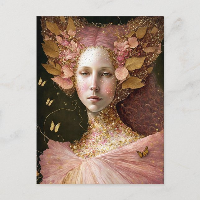 Postal Oro Rosa Fae Fae Mujer Fantasía Arte (Anverso)