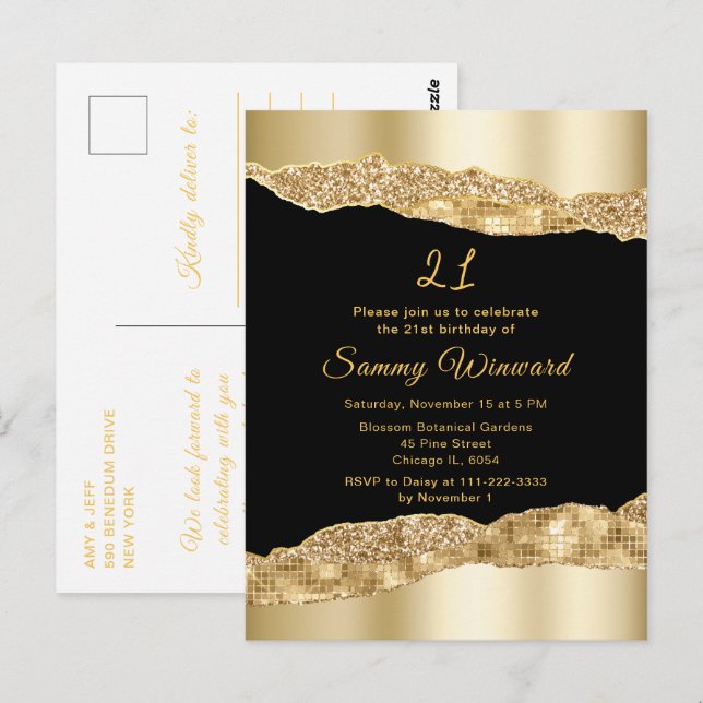 Postal Oro y Black Glam Lears Birday Party (Anverso / Reverso)