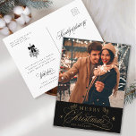 Postal Oro y negro Romántico Fotos de Navidad<br><div class="desc">Esta postal de fotos de los Navidades incluye elegantes y románticas letras de caligrafía rápida con ramas de pinecone,  estrellas y mensaje de texto personalizado en la parte posterior. Para una personalización más avanzada de este diseño,  haga clic en el BOTÓN HERRAMIENTA DE DISEÑO AZUL de arriba.</div>