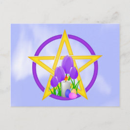 Postal Oro y púrpura Ostara Pentagram con tulipanes