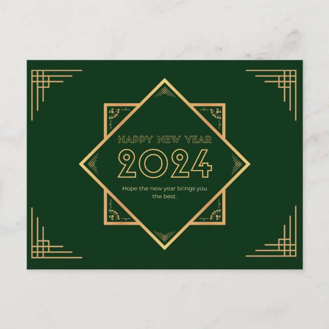 Postal Oro Y Verde Feliz Año Nuevo 2024 (Anverso)