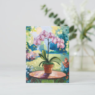 Postal Orquídea en un arte botánico de pintura en maceta