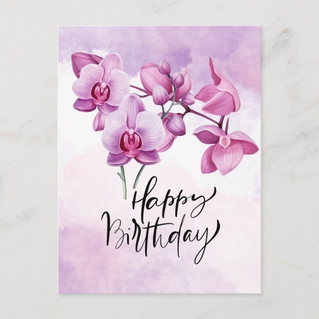Postal Orquídea púrpura acuarela Cumpleaños (Anverso)