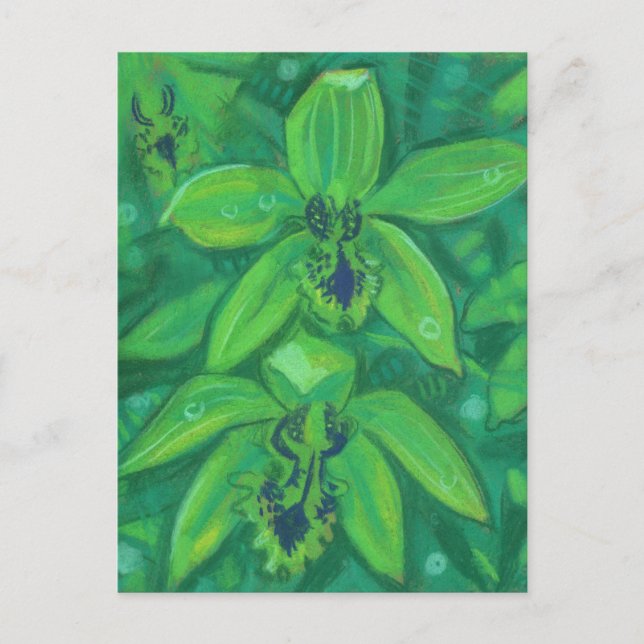 Postal Orquídea Verde, Pintado Pastel Floral de Flor Trop (Anverso)