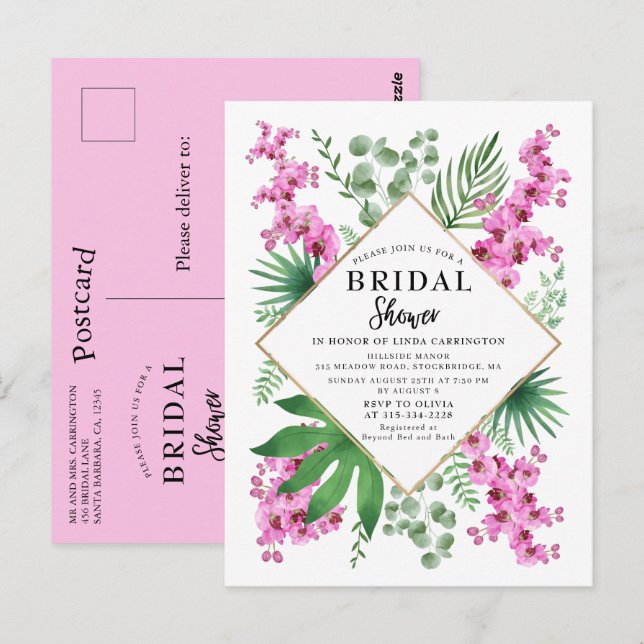Postal Orquídeas de acuarela hojas tropicales ducha de no (Anverso / Reverso)