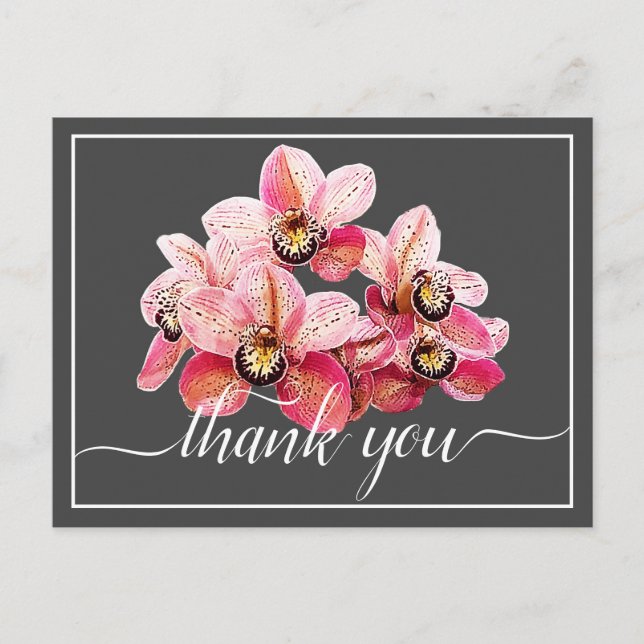 Postal Orquídeas rosadas y blancas sobre fondo gris, grac (Anverso)