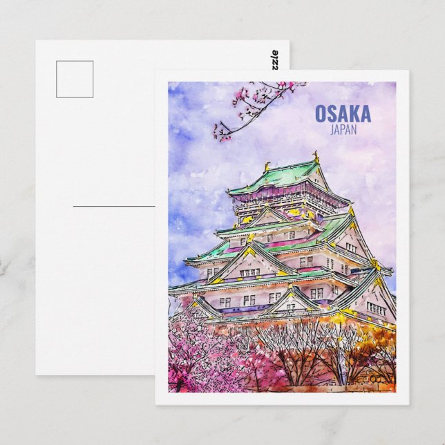 Postal Osaka Japón: Famoso dibujo acuático de viaje (Anverso / Reverso)