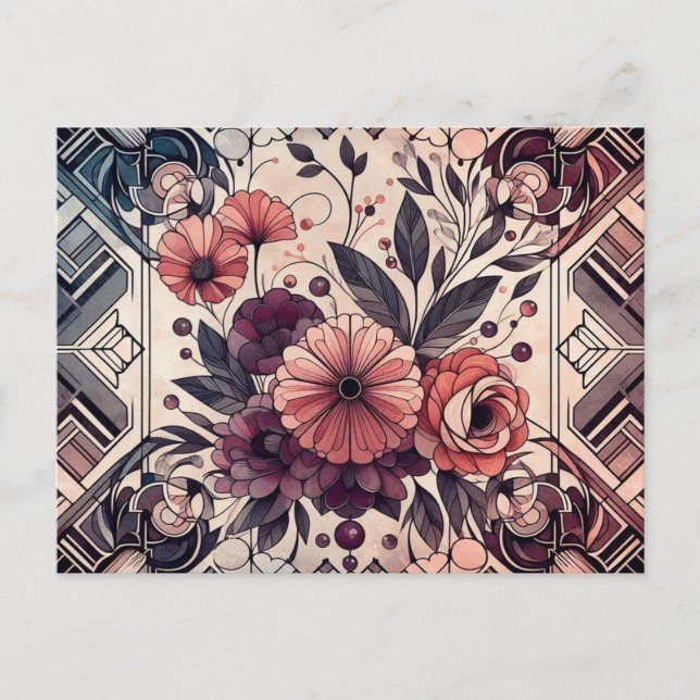 Postal Oscuro Romance Borgoña Art Deco Verano Floral (Anverso)