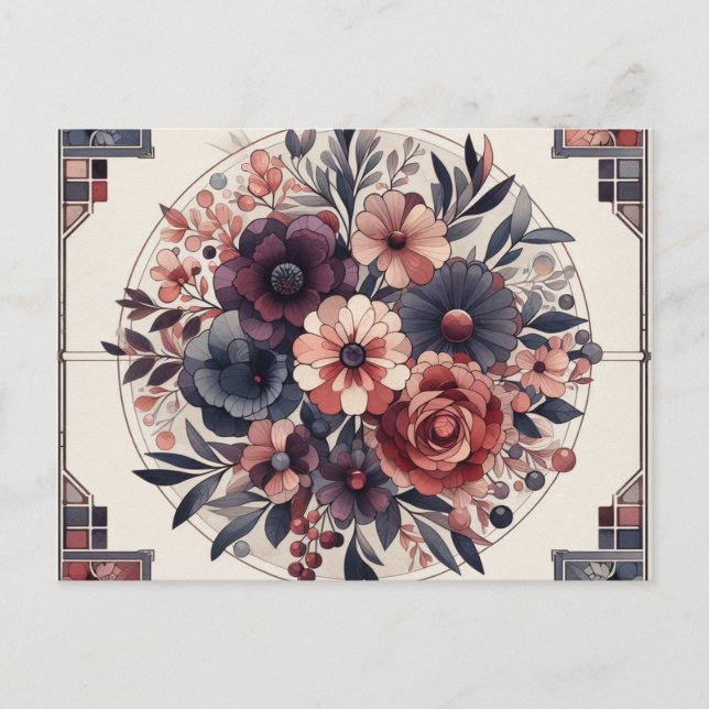 Postal Oscuro Romance Borgoña Art Deco Verano Floral (Anverso)