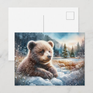 Postal Osezno de oso pardo en nieve invernal y pinos
