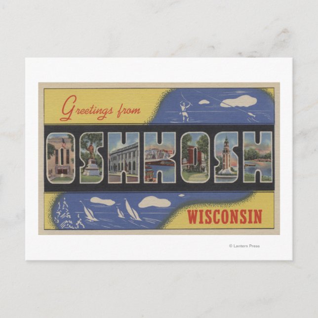 Postal Oshkosh, Wisconsin - Escenas de letras grandes (Anverso)